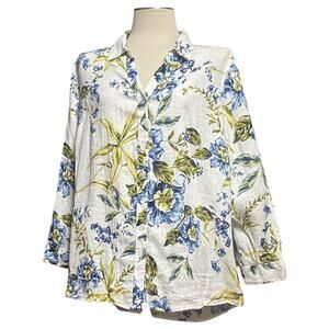 Joie 100% Linen V-Neck Long Sleeve White Blue Green Floral Blouse Top 1X